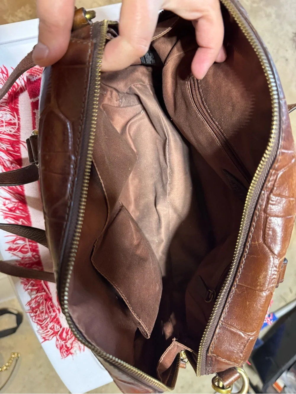 Fossil Brown Croc-Embossed Leather Satchel